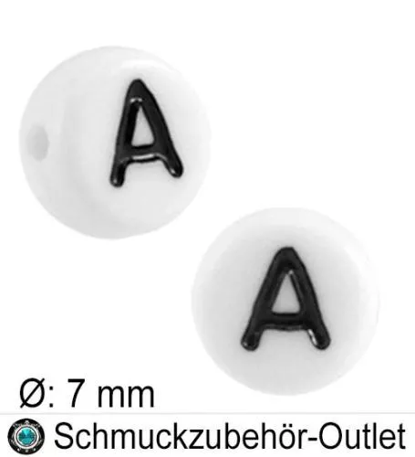 Buchstabenperlen „A“, weiß, Acryl, Ø: 7 mm, 5 Stück