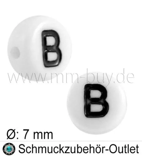 Buchstabenperlen „B“, weiß, Acryl, Ø: 7 mm, 5 Stück