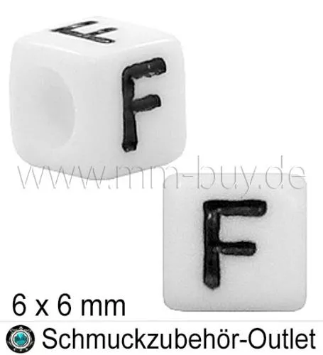 Buchstabenperlen „F“, Würfel, weiß, Ø: 6x6 mm, 5 Stück