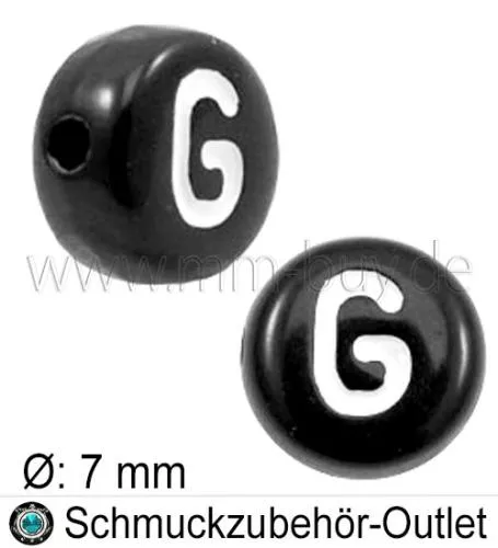 Buchstabenperlen „G“, schwarz, Acryl, Ø: 7 mm, 5 Stück