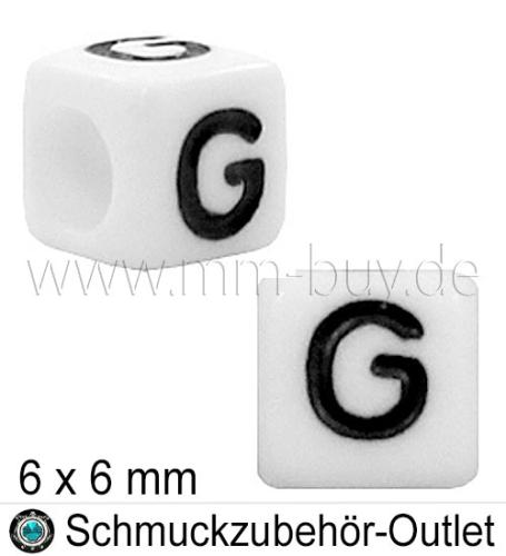 Buchstabenperlen „G“, Würfel, weiß, Ø: 6x6 mm, 5 Stück