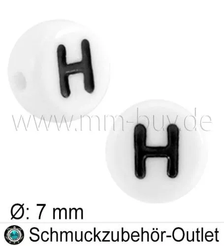 Buchstabenperlen „H“, weiß, Acryl, Ø: 7 mm, 5 Stück