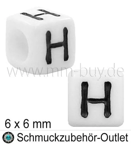 Buchstabenperlen „H“, Würfel, weiß, Ø: 6x6 mm, 5 Stück