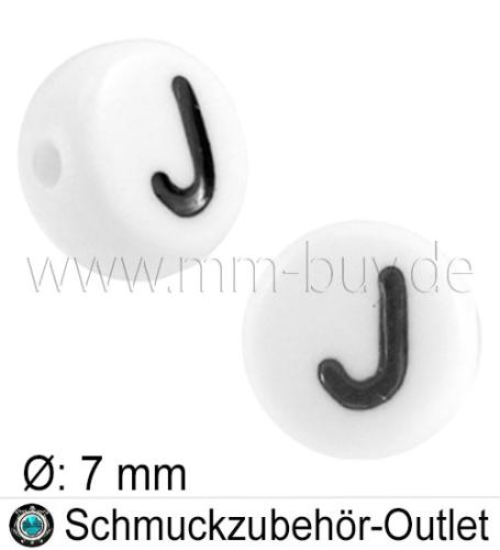 Buchstabenperlen „J“, weiß, Acryl, Ø: 7 mm, 5 Stück