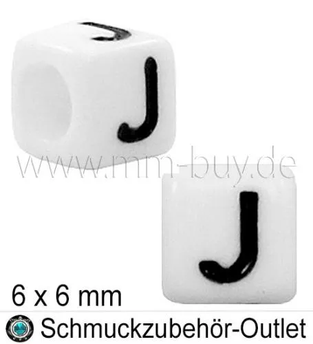 Buchstabenperlen „J“, Würfel, weiß, Ø: 6x6 mm, 5 Stück