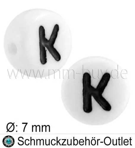 Buchstabenperlen „K“, weiß, Acryl, Ø: 7 mm, 5 Stück