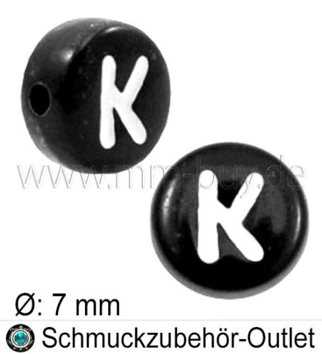Buchstabenperlen „K“, schwarz, Acryl, Ø: 7 mm, 5 Stück