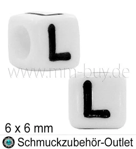 Buchstabenperlen „L“, Würfel, weiß, Ø: 6x6 mm, 5 Stück