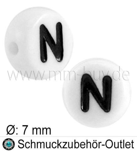 Buchstabenperlen „N“, weiß, Acryl, Ø: 7 mm, 5 Stück