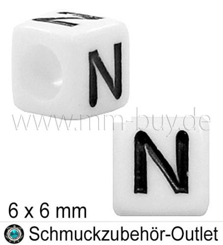Buchstabenperlen „N“, Würfel, weiß, Ø: 6x6 mm, 5 Stück