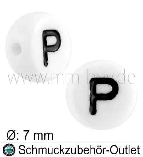 Buchstabenperlen „P“, weiß, Acryl, Ø: 7 mm, 5 Stück