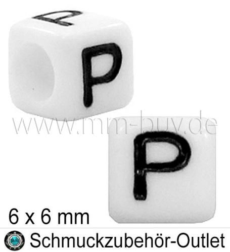 Buchstabenperlen „P“, Würfel, weiß, Ø: 6x6 mm, 5 Stück