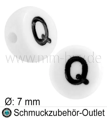 Buchstabenperlen „Q“, weiß, Acryl, Ø: 7 mm, 5 Stück