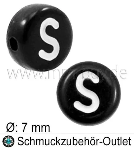Buchstabenperlen „S“, schwarz, Acryl, Ø: 7 mm, 5 Stück