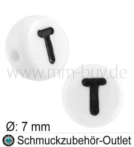 Buchstabenperlen „T“, weiß, Acryl, Ø: 7 mm, 5 Stück