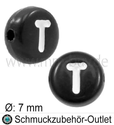 Buchstabenperlen „T“, schwarz, Acryl, Ø: 7 mm, 5 Stück