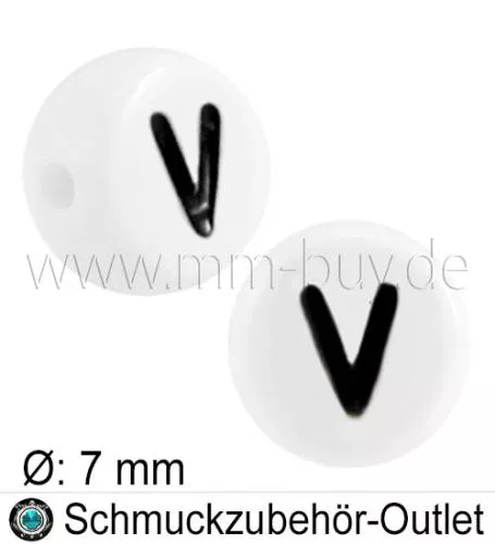 Buchstabenperlen „V“, weiß, Acryl, Ø: 7 mm, 5 Stück