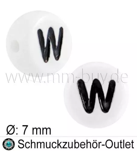 Buchstabenperlen „W“, weiß, Acryl, Ø: 7 mm, 5 Stück