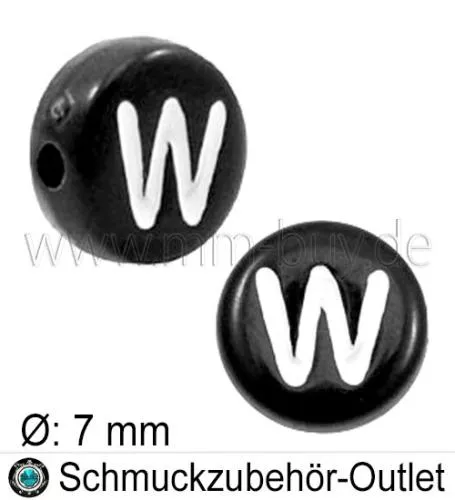 Buchstabenperlen „W“, schwarz, Acryl, Ø: 7 mm, 5 Stück