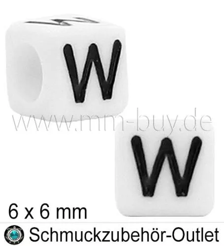 Buchstabenperlen „W“, Würfel, weiß, Ø: 6x6 mm, 5 Stück