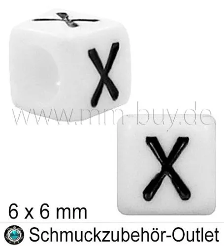 Buchstabenperlen „X“, Würfel, weiß, Ø: 6x6 mm, 5 Stück