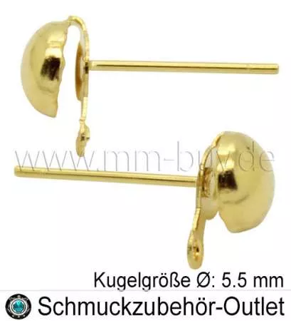 Edelstahl Ohrstecker halbrunde Kugel Ø: 5.5 mm goldfarben, 2 Stück (1 Paar)