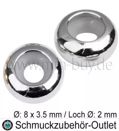 Edelstahl Verschluss-Perle mit Gummi, verstellbar, silberfarben, Ø: 8x3.5 mm, Loch: 2 mm, 1 Stück