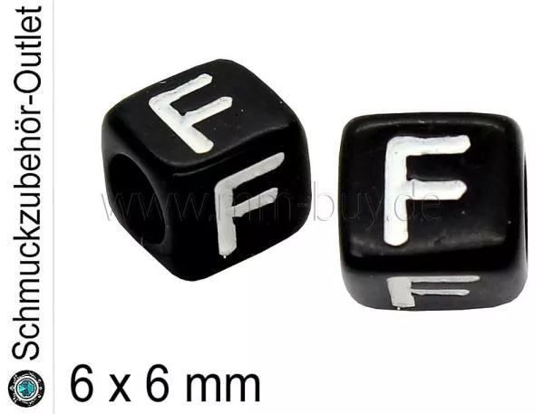 Buchstabenperlen „F“, Würfel, schwarz, Ø: 6x6 mm, 5 Stück