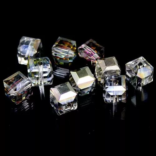 Glasschliffperlen Würfel irisierend-silber (ca. Ø: 9 mm), 10 Perlen