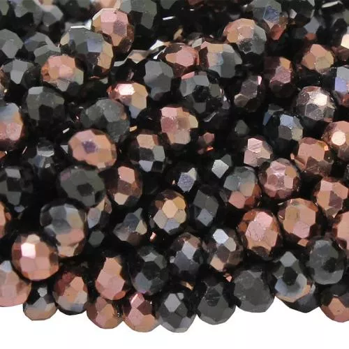 Glasschliffperlen Rondell schwarz opak - kupfer-metallisch (Ø: 3 mm), 1 Strang
