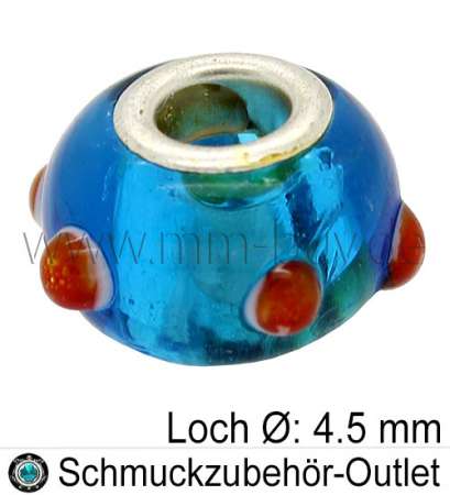 Großlochperlen, Glas, blau, Ø: 14 x 10 mm, Loch Ø: 4,5 mm, 1 Stück