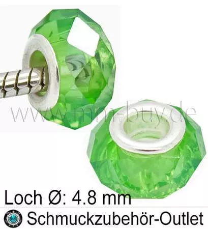 Großlochperlen, Glas, grün, Ø: 14x9mm, Loch: 4,8 mm, 1 Stück