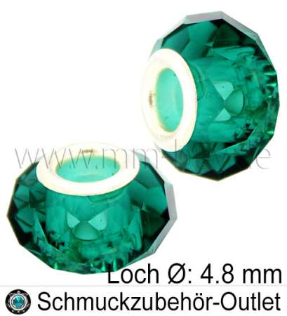 Großlochperlen, Glas, meergrün, Ø: 14x8mm, Loch: 4,8 mm, 1 Stück