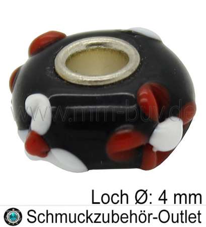 Großlochperlen, Glas, schwarz-weiß-rot, Ø: 14 x 8 mm, Loch Ø: 4 mm, 1 Stück