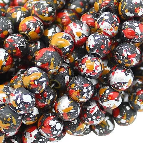 Glasperlen mit Muster: rot, gold, anthrazit (Ø: 8 mm), 1 Strang