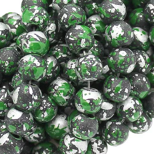Glasperlen mit Muster: grün, silber, anthrazit (Ø: 8 mm), 1 Strang