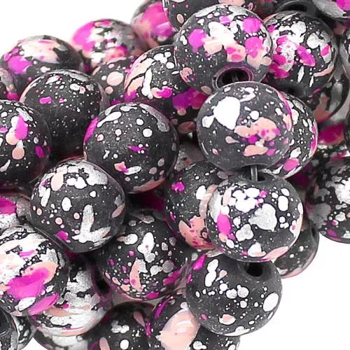 Glasperlen mit Muster: rosa, silber, anthrazit (Ø: 8 mm), 1 Strang