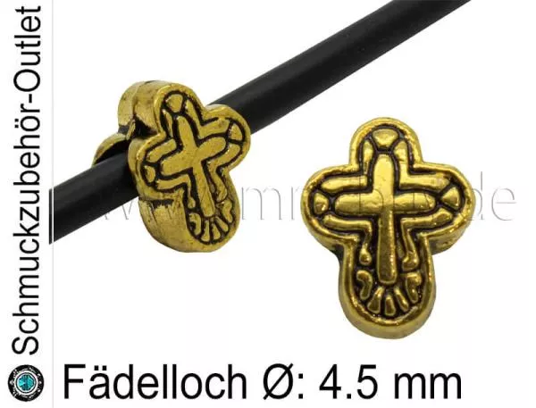 Metall Großlochperlen Kreuz goldfarben (Fädelloch Ø: 4.5 mm), 1 Stück