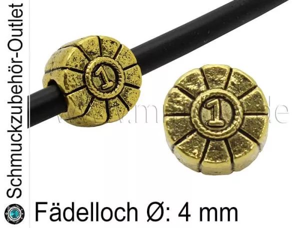 Metall Großlochperlen goldfarben "Nummer 1" (Fädelloch Ø: 4 mm), 1 Stück
