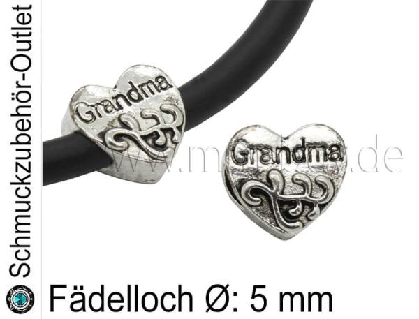 Metall Großlochperlen Herz silberfarben (Fädelloch Ø: 5 mm), 1 Stück