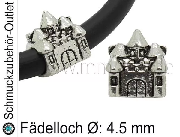 Metall Großlochperlen Schloss silberfarben (Fädelloch Ø: 4.5 mm), 1 Stück
