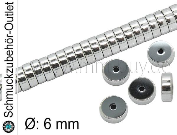 Hämatitscheiben, silberfarben, Ø: 6 mm, 1 Strang (95 Stück)