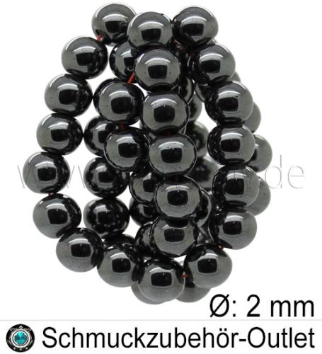 Hämatitperlen, rund, schwarz, Ø: ca. 2 mm, 1 Strang