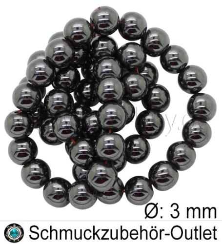 Hämatitperlen, rund, schwarz, Ø: ca. 3 mm, 1 Strang