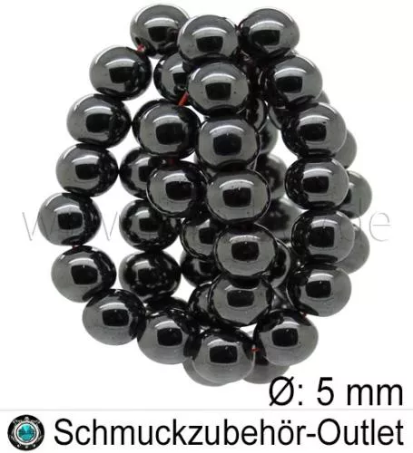 Hämatitperlen, rund, schwarz, Ø: ca. 5 mm, 1 Strang