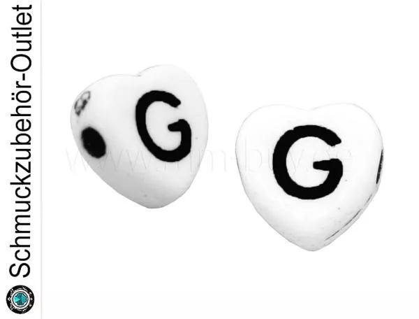 Buchstabenperlen „G“, Herz, weiß, 5 Stück