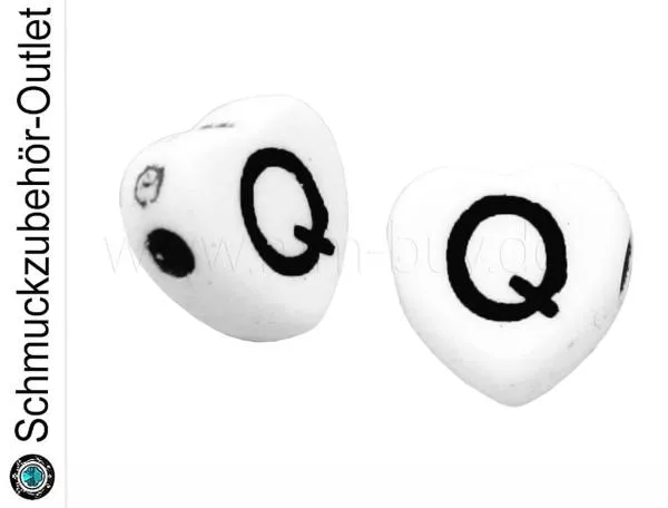 Buchstabenperlen „Q“, Herz, weiß, 5 Stück