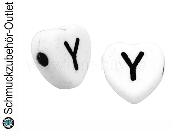 Buchstabenperlen „Y“, Herz, weiß, 5 Stück