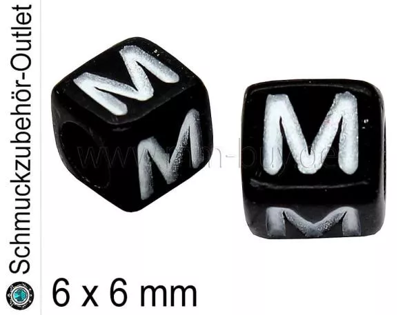 Buchstabenperlen „M“, Würfel, schwarz, Ø: 6x6 mm, 5 Stück