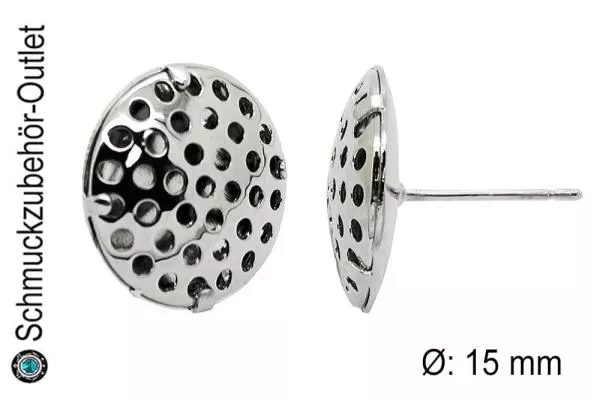 Ohrstecker mit Lochplatte - Siebplatte rhodiniert (Ø: 15 mm), 1 Paar (2 Stück)